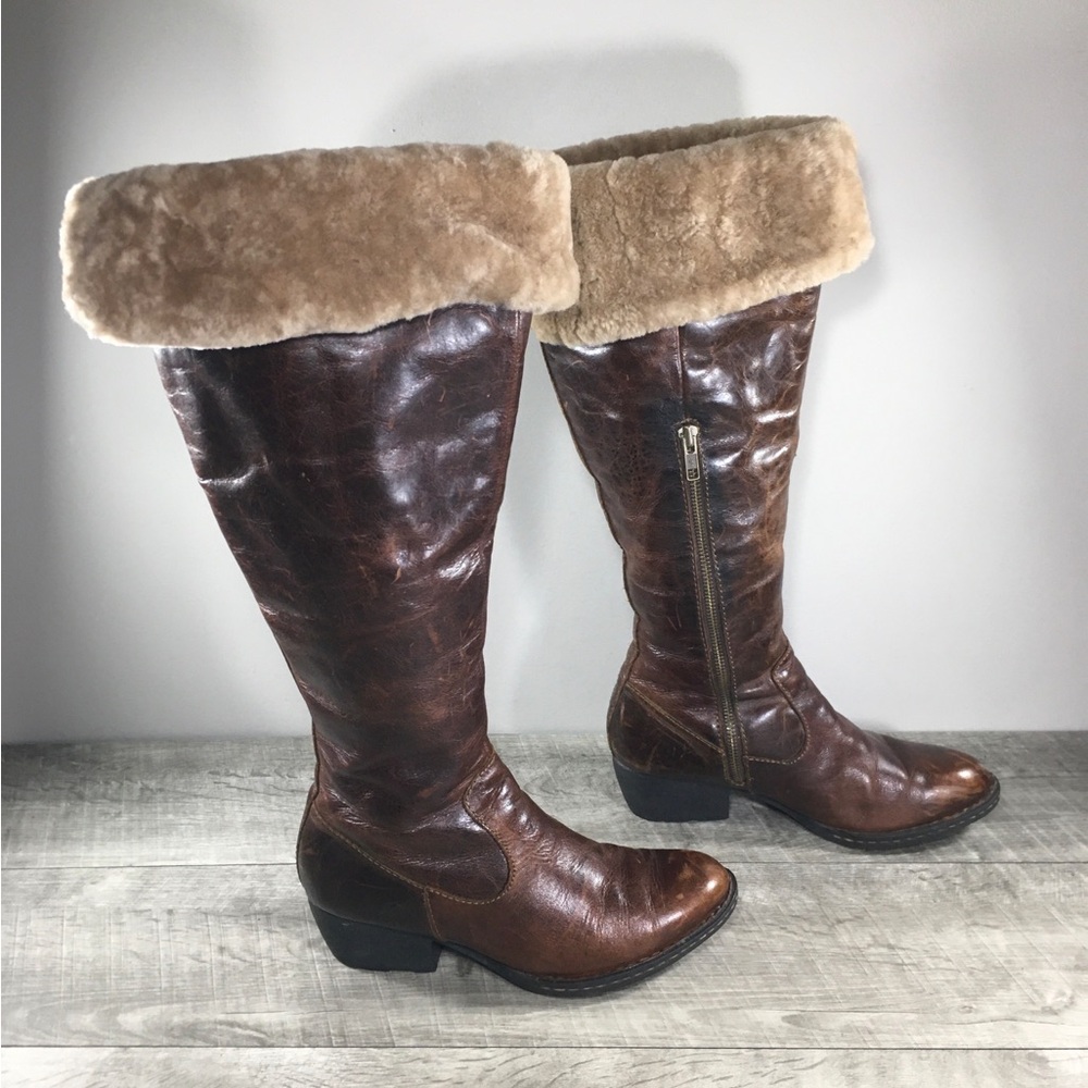 Born Womens W62122 Clemens Distressed Shearling Sherpa Riding Pull On Boots Sz 6